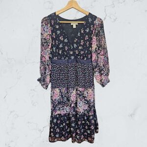 Ann Taylor Loft Navy Blue & Pink Floral Patchwork Boho Cottagecore Dress